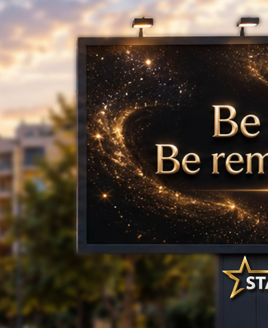 StarMedia brand billboard at dusk, gold type reading Be seen. Be remembered, floodlights above the face